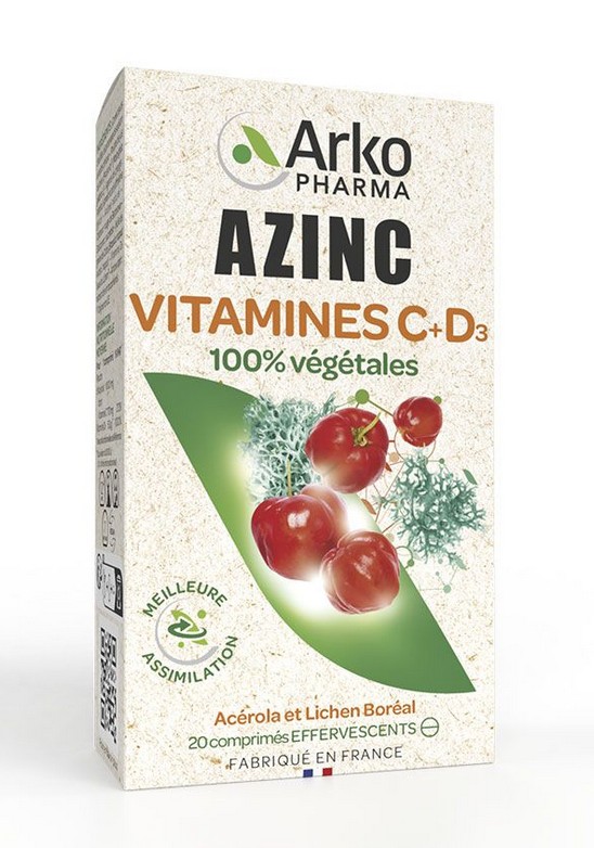 Azinc Vitamines C + D3 100% Végétales 20 Comprimés Effervescents